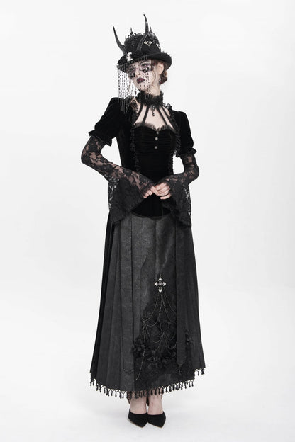 Faux Two-Piece Velvet Blouse with Eyelet and Pleats