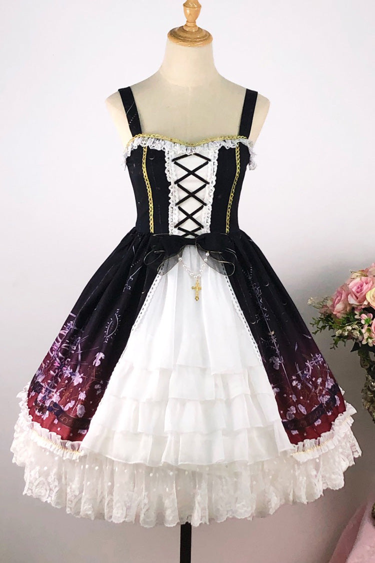 Black Red Sleeveless Gradient Print Ruffle Cardigan Bowknot Lace-Up Sweet Elegant Lolita Jsk Dress