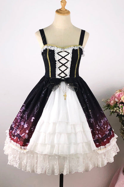 Black Red Sleeveless Gradient Print Ruffle Cardigan Bowknot Lace-Up Sweet Elegant Lolita Jsk Dress