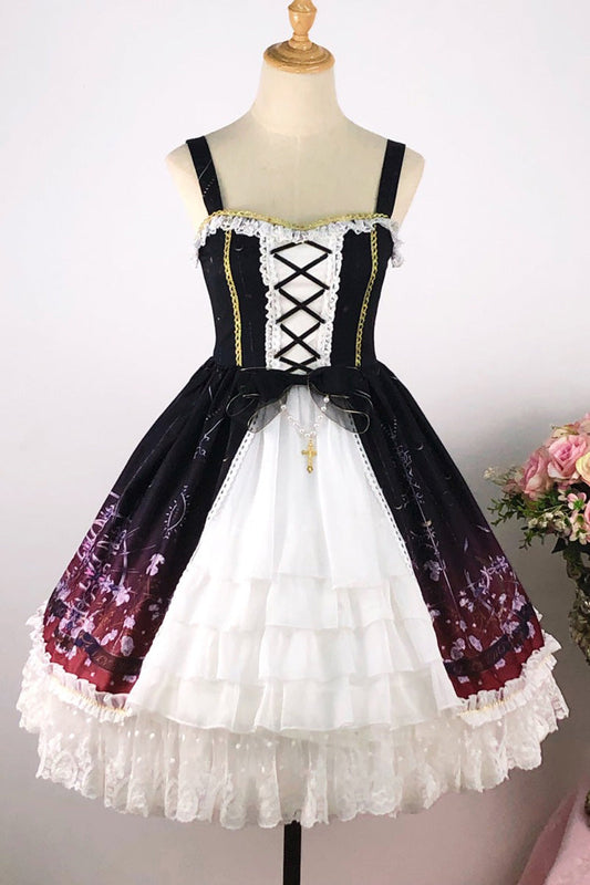 Black Red Sleeveless Gradient Print Ruffle Cardigan Bowknot Lace-Up Sweet Elegant Lolita Jsk Dress