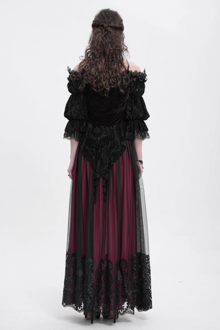 Crimson Stitched Floral Mesh Women's Goth Skirt