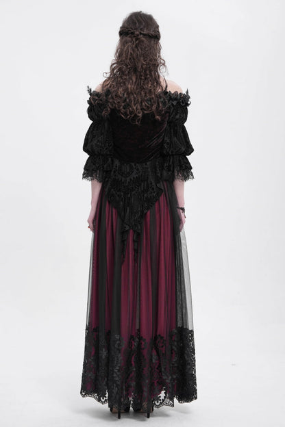 Crimson Stitched Floral Mesh Women's Goth Skirt