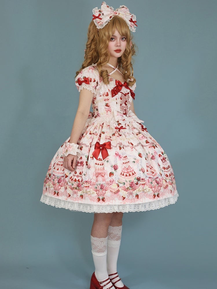 Strawberry Cake Print White Sweet Bow Accents Lolita Dress / Full Set