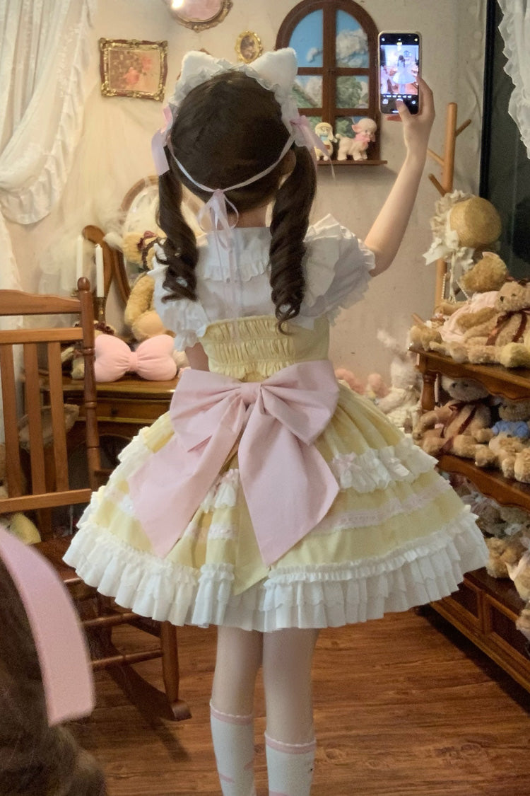 Meowling Sweet Maid Sleeveless Multi Layer Ruffle Bow Lace Princess Lolita JSK in Yellow