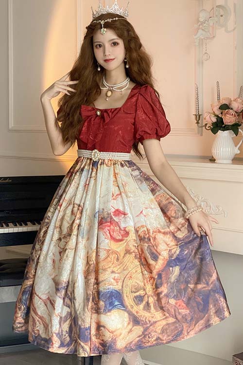 Red Puff-Sleeve Classic Lolita OP Dress with Church Victory Print
