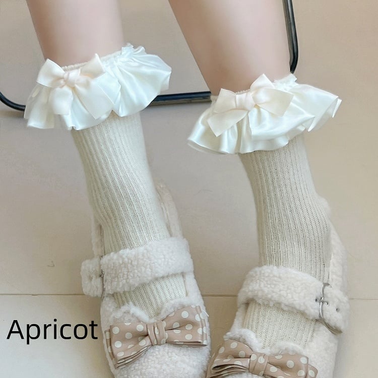 Coffee Sweet Bowknot Ruffled Cuff Calf Socks