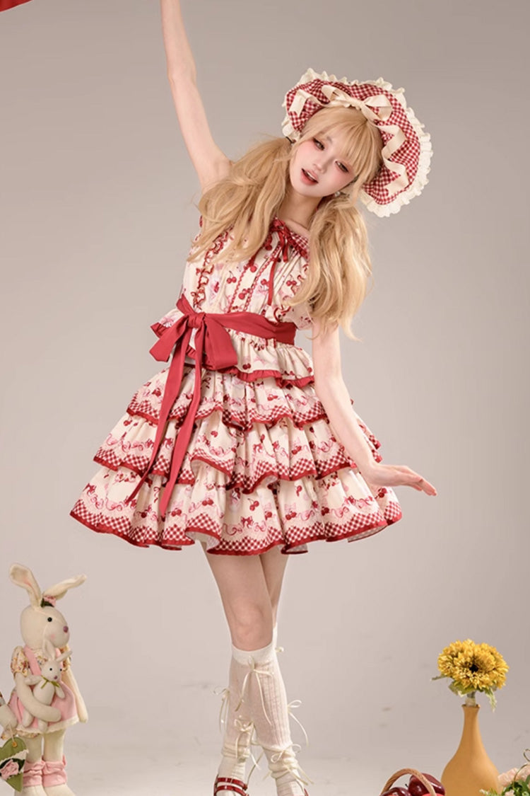 Crimson Three-Tier Cherry Print Ruffle Sweet Lolita Skirt Ensemble