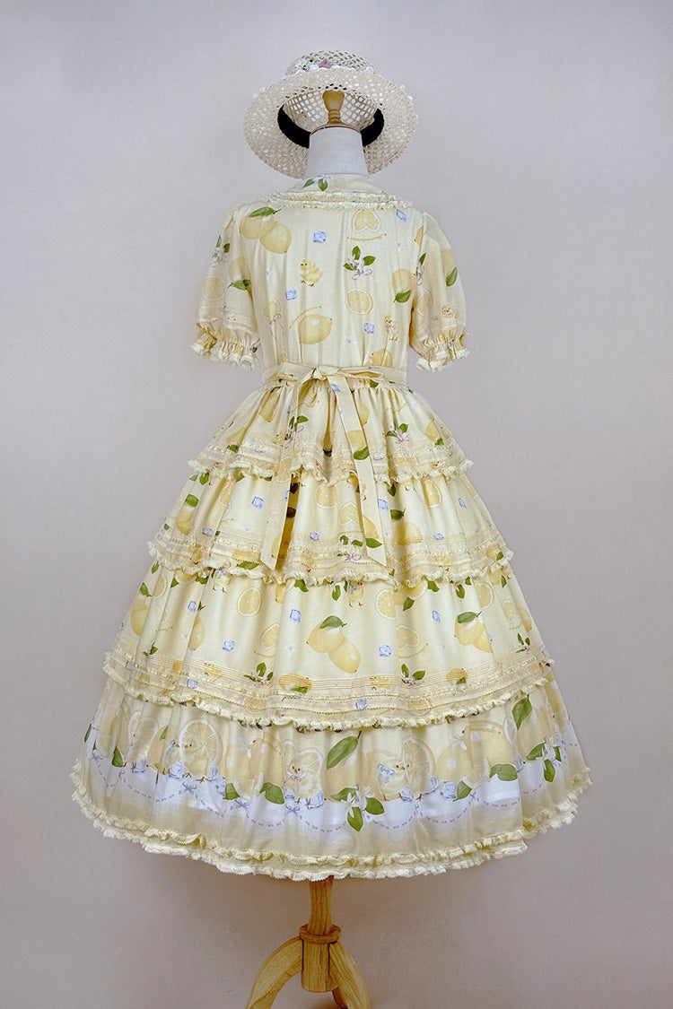 Lemon Chicken Short Sleeve Triple Layer Print Ruffle Bow Lace Gorgeous Lolita Gown in Yellow