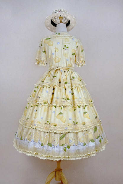 Lemon Chicken Short Sleeve Triple Layer Print Ruffle Bow Lace Gorgeous Lolita Gown in Yellow