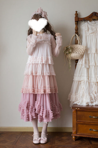 Sweet Stand Collar Long Sleeve Multi Layer Ruffle Color Block Lolita Tiered Dress 14 Colors