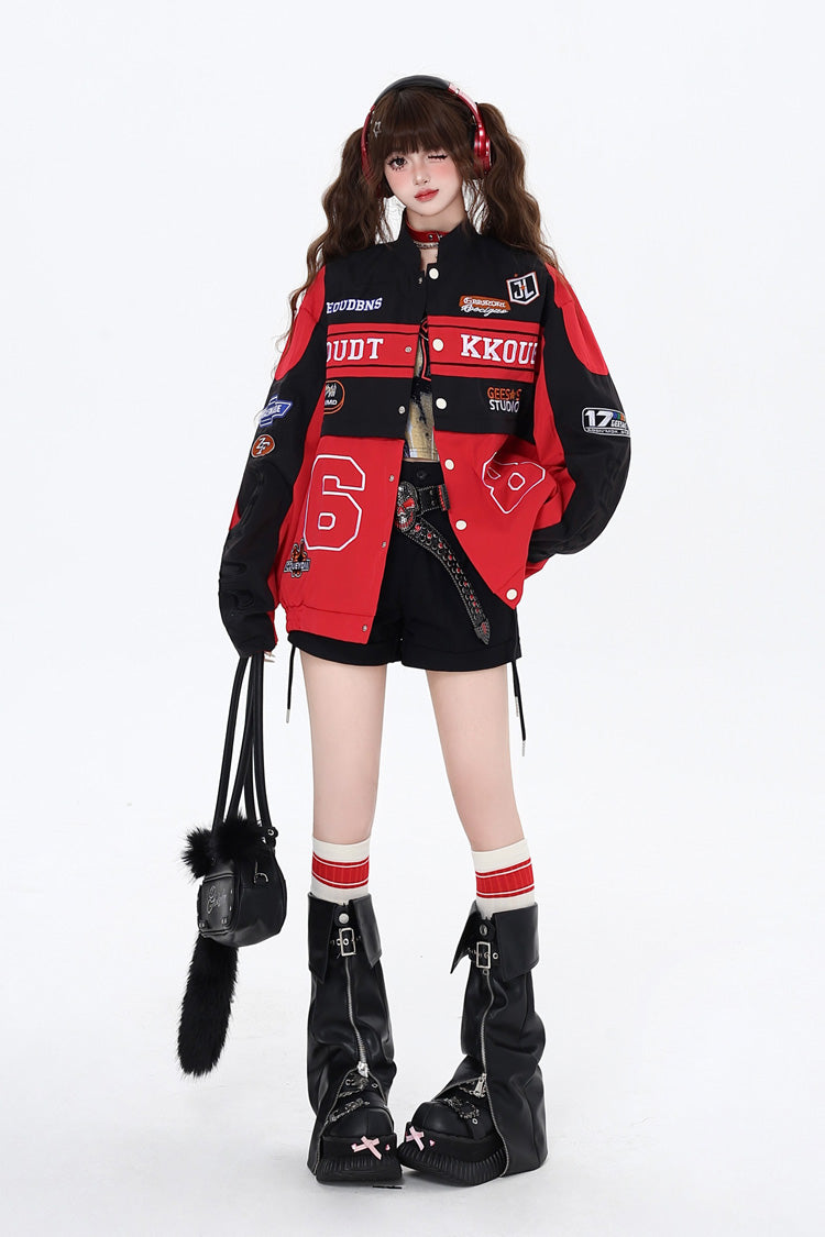 Biker Girl Print Embroidery Zip Detachable Coat Three Colors