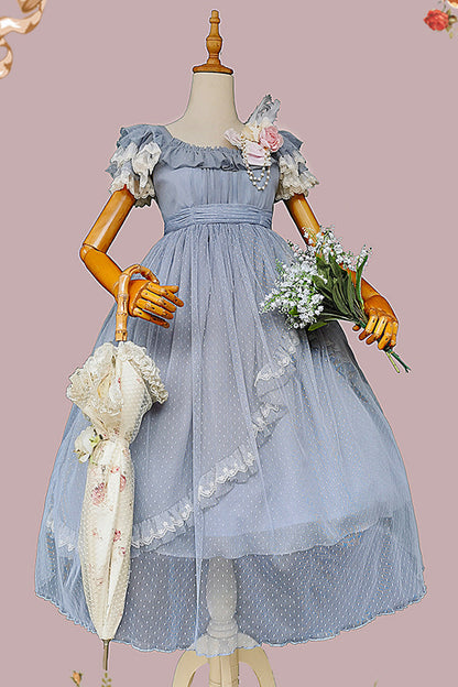 Sax Blue Polka Dot Asymmetric Ruffle Bow Lolita Dress - Moon goddess *Mediana*