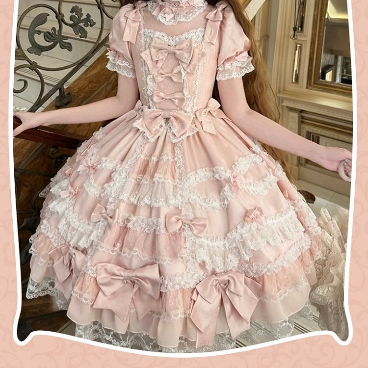 Pink Bow Accents High Waist Sweet Princess Lolita Dress with Detachable Sleeves
