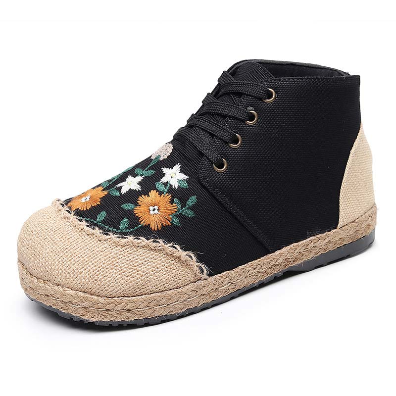 Elegante Canvas-Stiefel mit Blumenstickerei und Schnürung