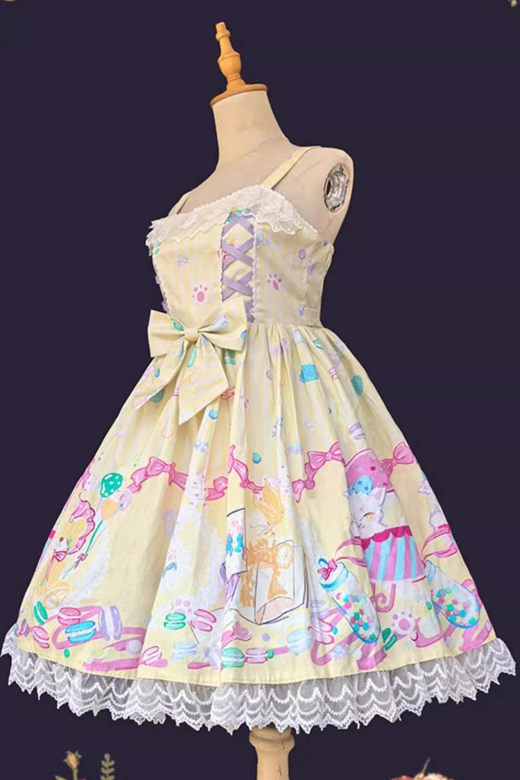 Macaron Dolly House Sleeveless Print Bowknot Lace-Up Sweet Lolita Jsk Dress Colors