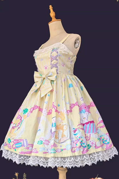 Macaron Dolly House Sleeveless Print Bowknot Lace-Up Sweet Lolita Jsk Dress Colors