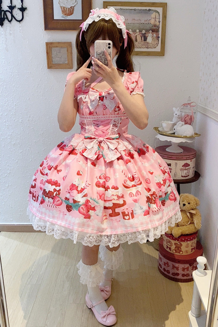 Pink Strawberry Parfait Print Short Sleeve Ruffle Bow Lace Lace-Up Sweet Lolita Dress