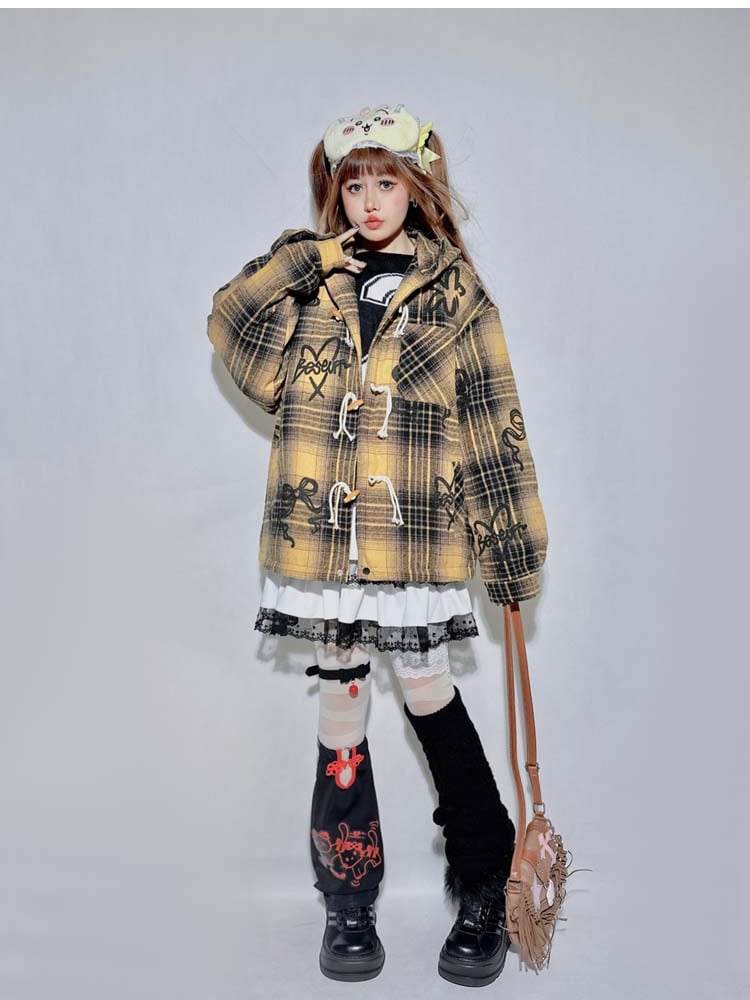 Yellow Brown Plaid  Bow Hooded Coat