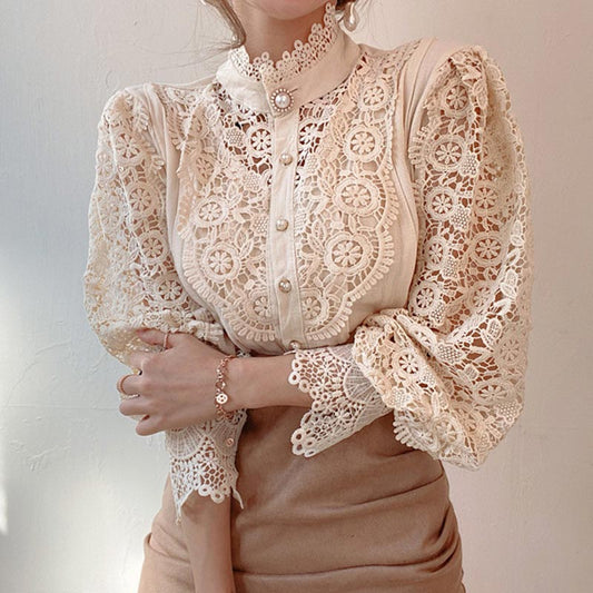 Elegant Pearl Hollow Out Lace Shirt