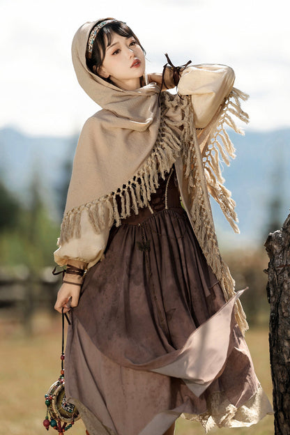 Brown Sunset Yellow Sand Print Irregular Asymmetric Vintage Lolita Dress Set