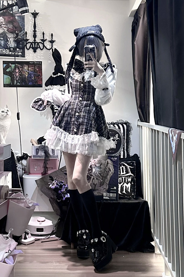 Lunar Eclipse Doll Plaid Printed Ruffled Bow Lace Sweet Jirai Kei Japanese Dress Shorts Set