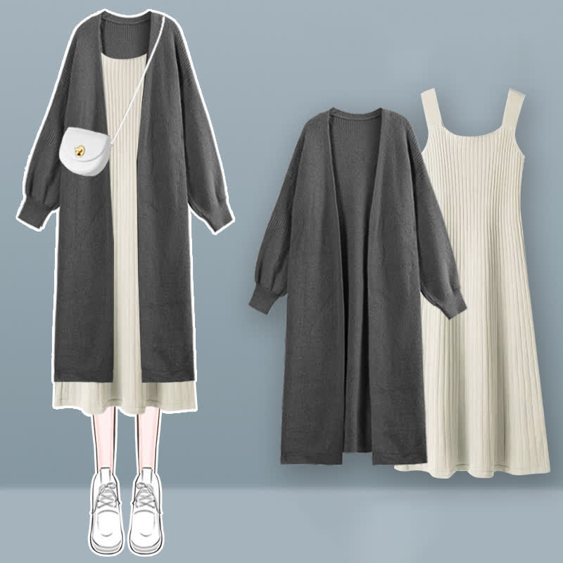 Chic Knit Cardigan Outerwear Slip Dress Set