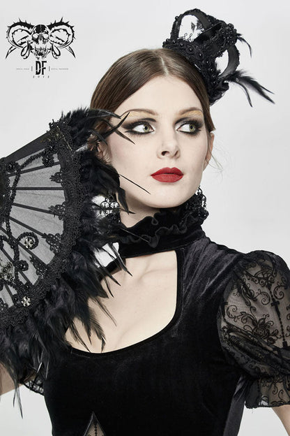 Gothic Crown Headwear with Feather Rose Lace Edging and Cross Accent