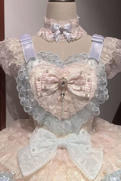 Rainbow Feathers Ballad Sleeveless Multi-Layered Ruffle Hanayome Bow Sweet Lolita Jsk Dress