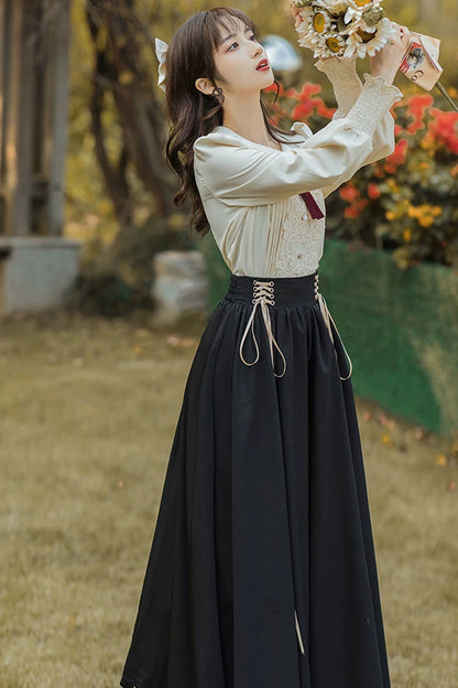 Black Lapel Collar Long Sleeves High Waist Lace-Up Wave Hem Classic Lolita Two-Piece Set