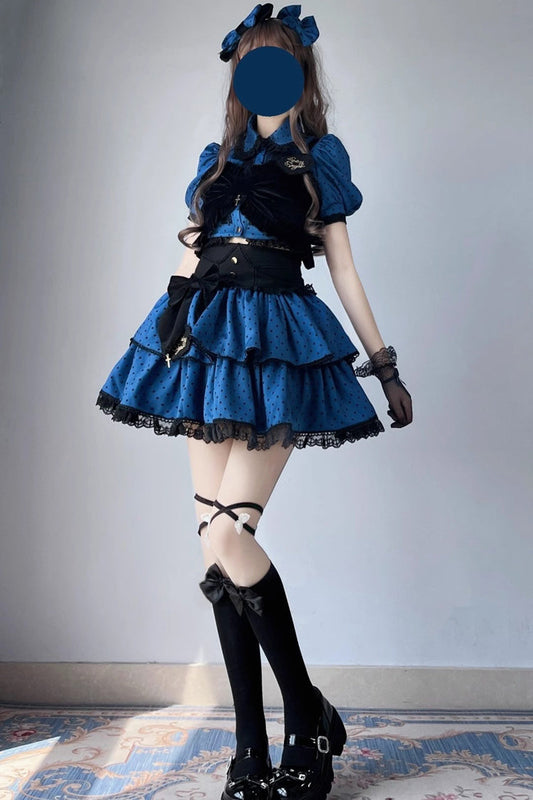 Blue Black Multi-Layer Polka Dot Print Bowknot Princess Sweet Lolita Skirt Set
