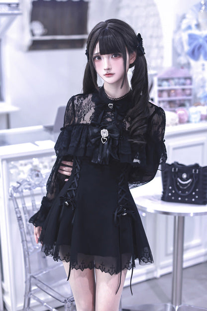 Lace Doll Round Collar Long Sleeves Ruffled Cut-Out Embroidered Bow Lace Gothic Jirai Kei Japanese Dress