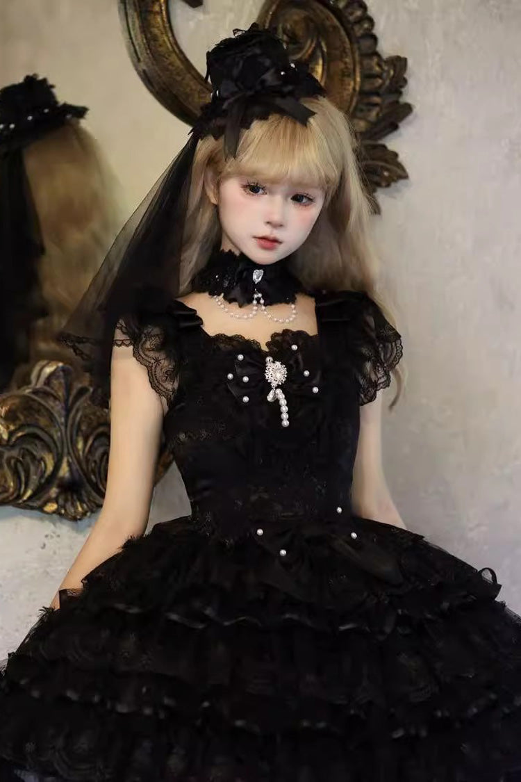 Black Feathers Ballad Sleeveless Multi-Layered Ruffle Hanayome Bow Gothic Lolita Jsk Dress