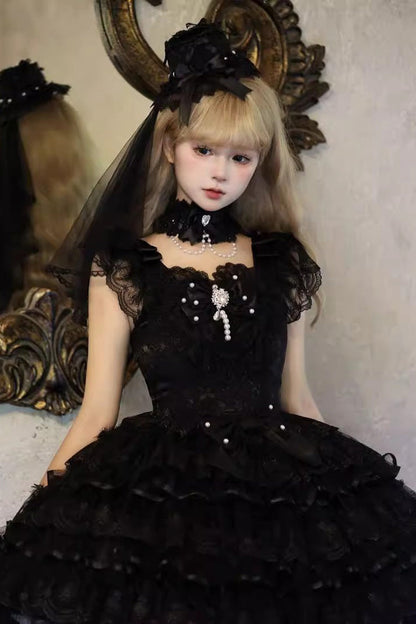 Black Feathers Ballad Sleeveless Multi-Layered Ruffle Hanayome Bow Gothic Lolita Jsk Dress
