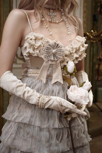 Slavic Noble Lady Sleeveless Multi-Layered Ruffled Bow Sweet Elegant Lolita JSK Dress in Beige