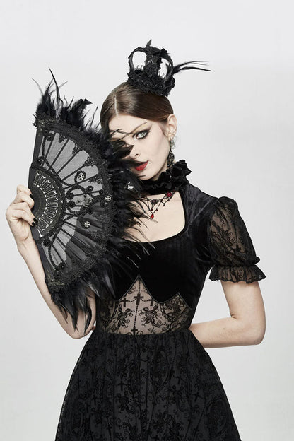 Gothic Crown Headwear with Feather Rose Lace Edging and Cross Accent