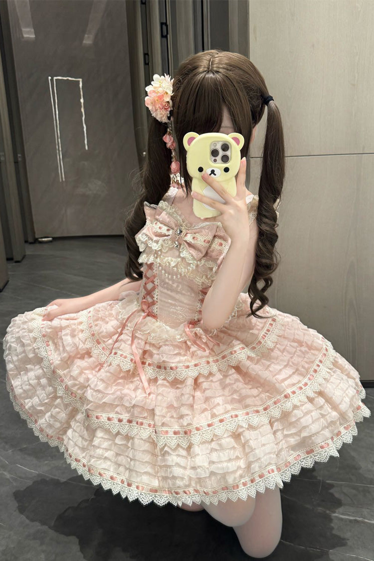 Pink Floral Letters Song Sleeveless Triple-Layered Bow Lace-Up Sweet Lolita Jsk Dress