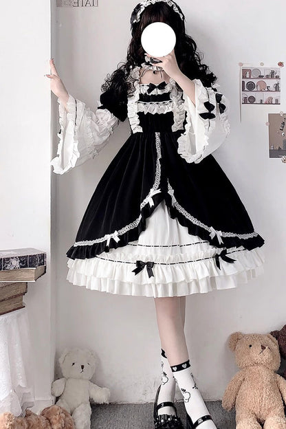 Hime Sleeves Gothic Princess Dress with Multi-Layer Ruffled Cardigan and Bow
