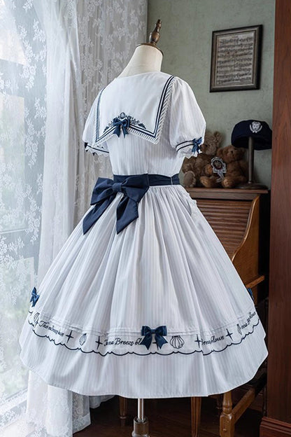 Ivory Navy Stripe Ruffled Embroidered Sweet Lolita Dress