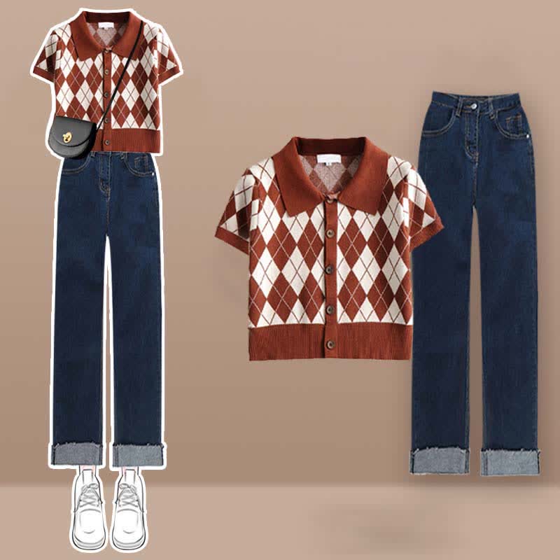 Rhombus Crop Top Set Pattern T-Shirt Pants Denim