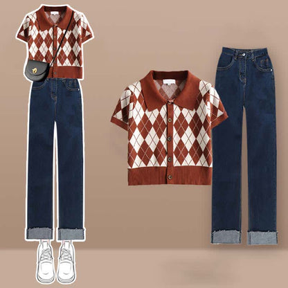 Rhombus Crop Top Set Pattern T-Shirt Pants Denim