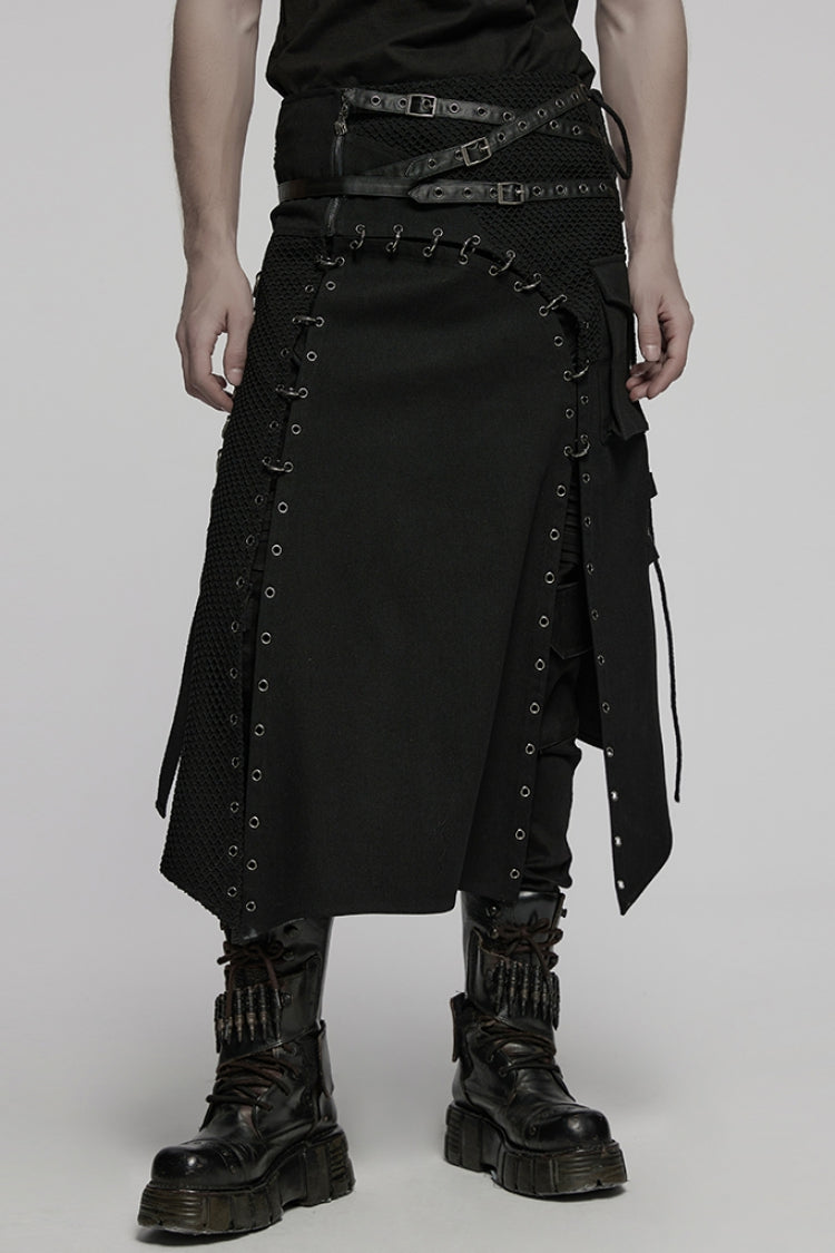 Gothic Men's Kilt with Faux Leather Stitching Lace-Up and Irregular Mesh