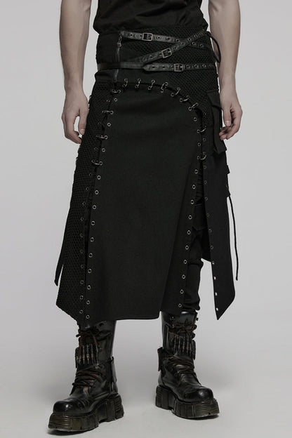 Gothic Men's Kilt with Faux Leather Stitching Lace-Up and Irregular Mesh