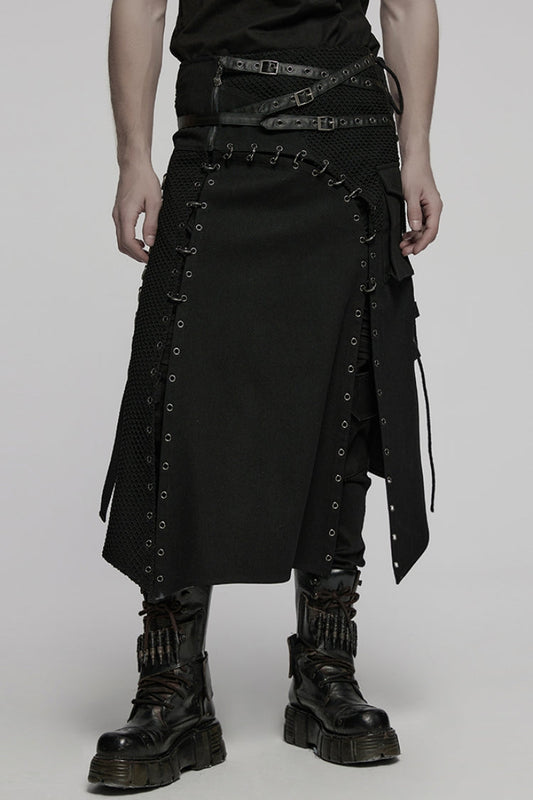 Gothic Men's Kilt with Faux Leather Stitching Lace-Up and Irregular Mesh