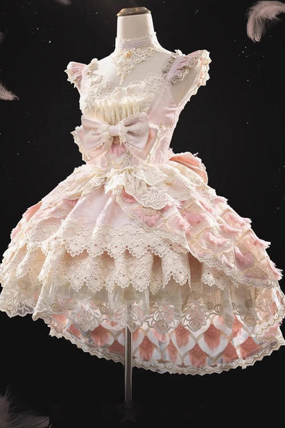 Rose Peacock Feather Tiered Ruffle Bride Cardigan Bow Lace Sweet Lolita JSK Set