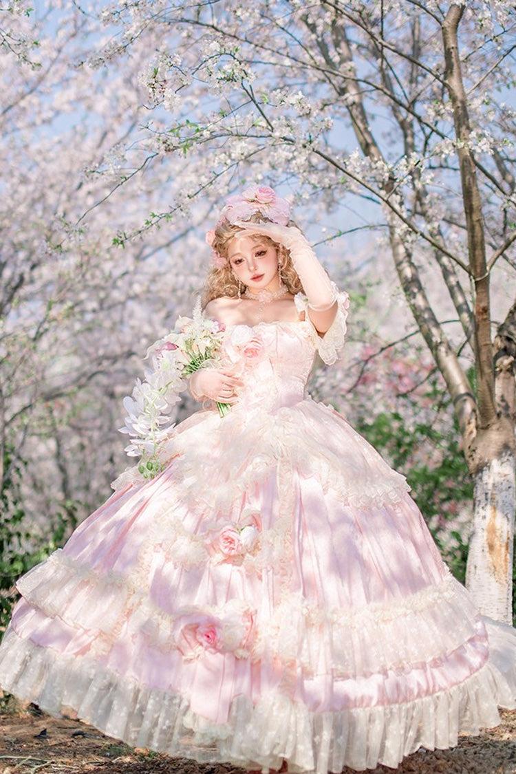 Pink Ruffle Bridal Bow Lace Sweet Princess Lolita Jumper - Love and Roses