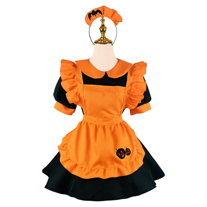 Robe de demoiselle d'honneur à col de poupée brodée avec motif de chauve-souris citrouille kawaii