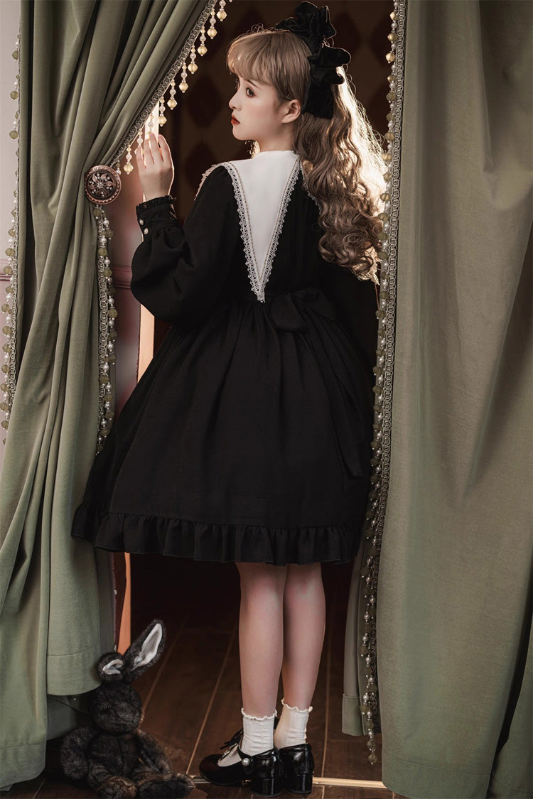 Classic Gothic Elegant Nun Dress with Long Sleeves and Ruffled Bow