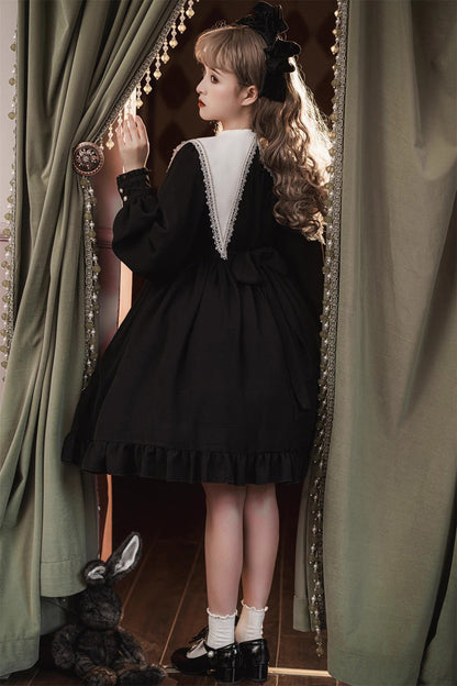 Classic Gothic Elegant Nun Dress with Long Sleeves and Ruffled Bow