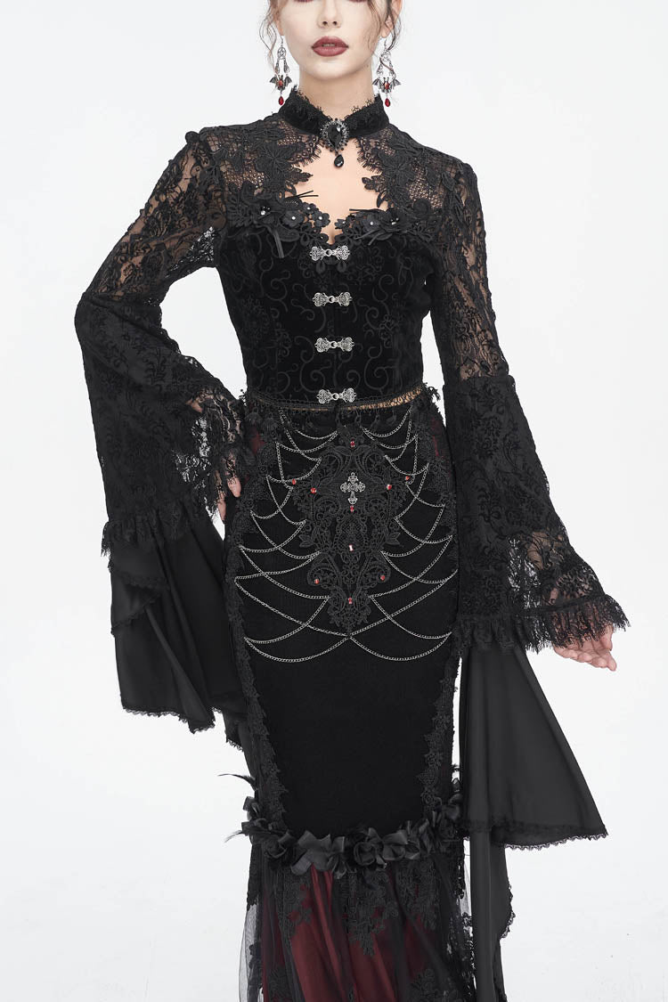 Women's Dark Blouse with Flared Sleeves and Lace Trim