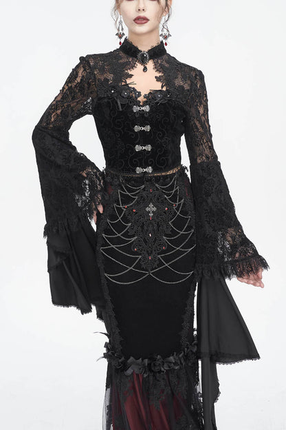 Women's Dark Blouse with Flared Sleeves and Lace Trim